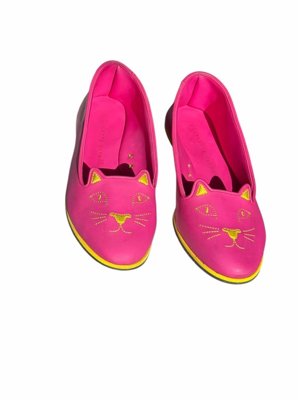 Charlotte Olympus Pink Cat Face Slip-On Flats with Yellow Accents 36